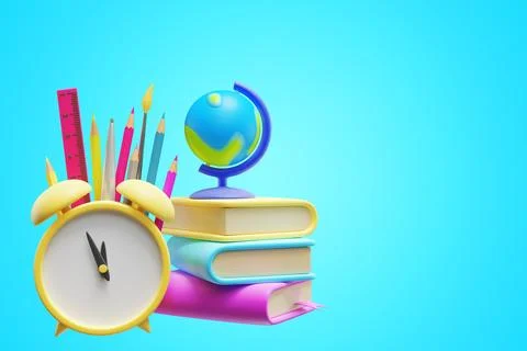 Back to school. Alarm clock stack of books globe stationery. Stock Illustration