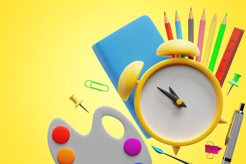 Back to school. Alarm clock with student elements on a yellow background. Stock Illustration