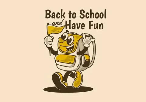 Back to school and have fun. Mascot character illustration of walking schoo.. Illustrazione stock