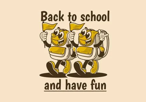 Back to school and have fun. Mascot character illustration of walking schoo.. Illustrazione stock
