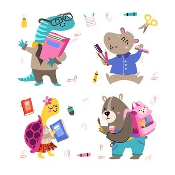 Back to school Animals cartoon set. Vector illustration Flat style. Stock Illustration