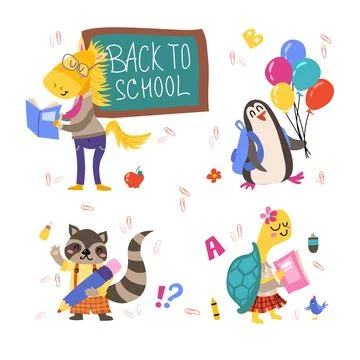 Back to school animals flat. Set of school animals. Cute cartoon pupil char.. Stock Illustration