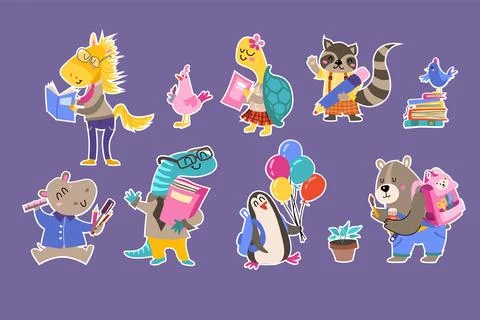 Back to school Animals hand drawn style, educational theme. Cute characters. Stock Illustration