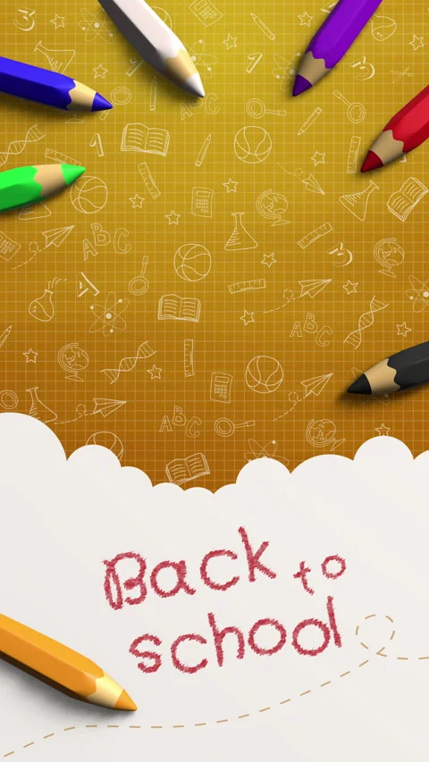 Back to school animated frame with colored 3D pencils and hand drawn school Stock Footage 315503856