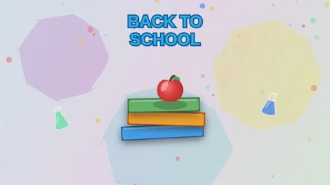 Back to school animated graphic featuring books and red apple over colorful.. Video stock 341096335
