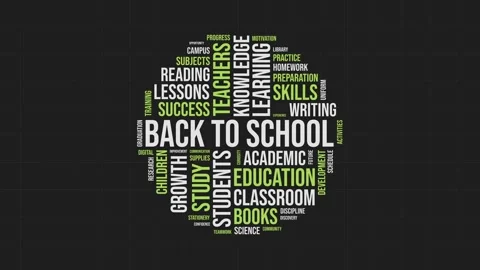 Back to school animated word cloud with educational terms on dark background 库存影片 341683453
