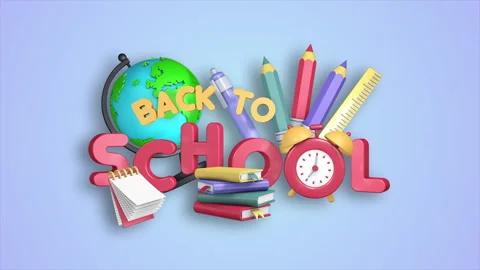 Back to school, animation 3D with title, books, globe, alarm clock and globe Stock Footage 281678492