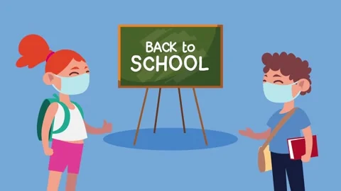 Back to school animation with students wearing face masks and chalkboard ov.. Stock Footage 334544722