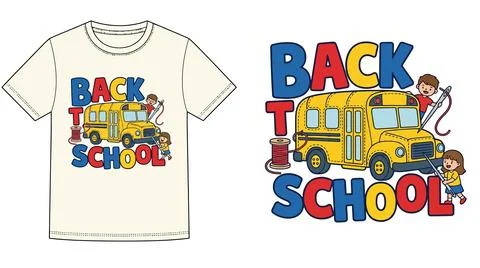 Back to school apparel print with school bus and student illustration, childr Stock Illustration