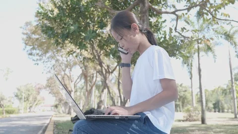 Back to School. asian girl using his laptop to learning online. Stock Footage 127185705