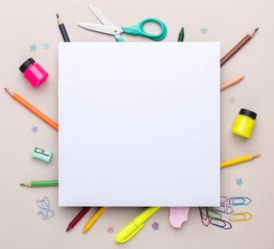 Back to school backdrop. School supply over light brown background with cop.. Stock Photos