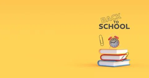Back to school background with alarm clock and books 3d render Stock Illustration