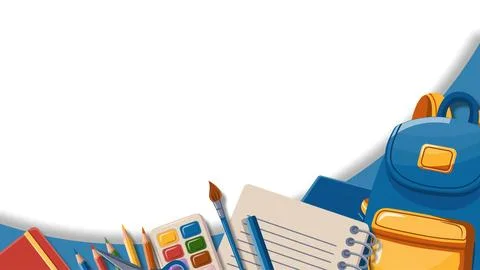 Back to school background with backpack notebook and art supplies on white .. Stock Illustration