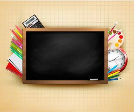 Back to school. background with blackboard and school supplies. vector. Stock Illustration