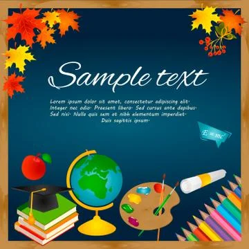 Back to school background with blackboard, leaves, palette, note paper, text Stock Illustration