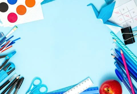 Back to School Background in Blue, Red, Black, White Colors Stock Photos