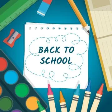 Back to school background with colored pencils, paper notes, book, painting Illustrazione stock