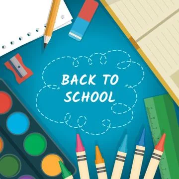 Back to school background with colored pencils, paper notes, book, painting Illustration