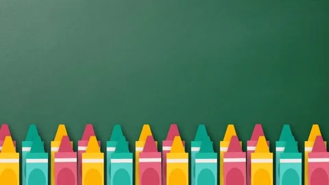 Back to School Background with Colorful Crayons Lined Up on Green Chalkboard. Stock Footage 340550357