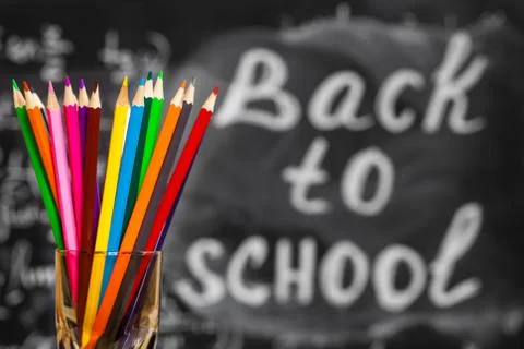 Back to school background with colorful pencils and the title "Back to school Stock Photos