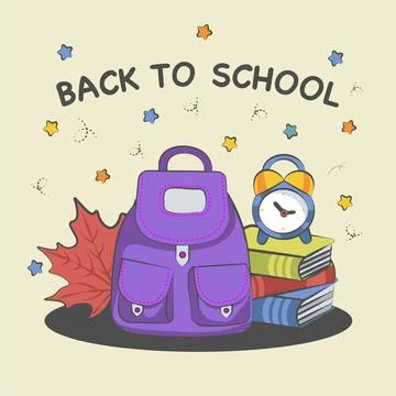 Back to school background composition from a backpack of books and an alarm Stock Illustration