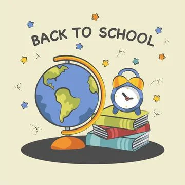 Back to school background composition from globe of books and alarm clock Stock Illustration