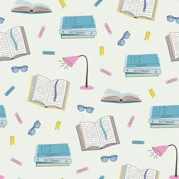 Back to school background. Cute ornament with textbooks, lamp, glasses. Stock Illustration