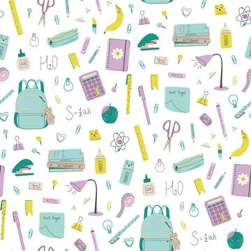 Back to school background. Cute seamless pattern with school supplies. Stock Illustration