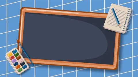 Back to school background with empty chalkboard notebook and watercolor pal.. Stock Illustration