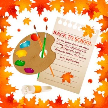 Back to school background with frame of leaves with palette, note paper and text Stock Illustration