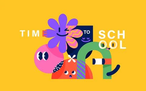 Back to school background with geometric shapes, cute cartoon characters. B.. Stock Illustration