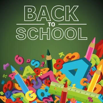 Back to school background with letters, numbers and colored pencils Illustrazione stock
