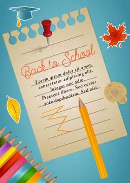 Back to school background with note paper, pencils, autumn leaves and graduat Stock Illustration