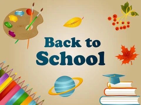 Back to school background with with pencils, backpack, book, planet, planet,  Stock Illustration