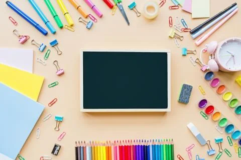Back to School background with place for text. Collection of school supplies  Foto stock