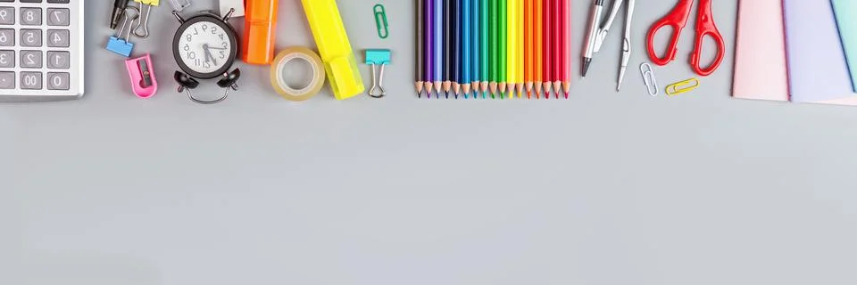 Back to School background with place for text. Collection of school supplies  Stock Photos