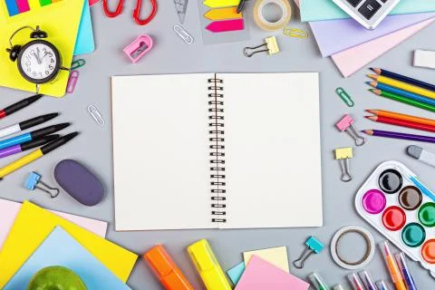 Back to School background with place for text. Collection of school supplies  Foto stock