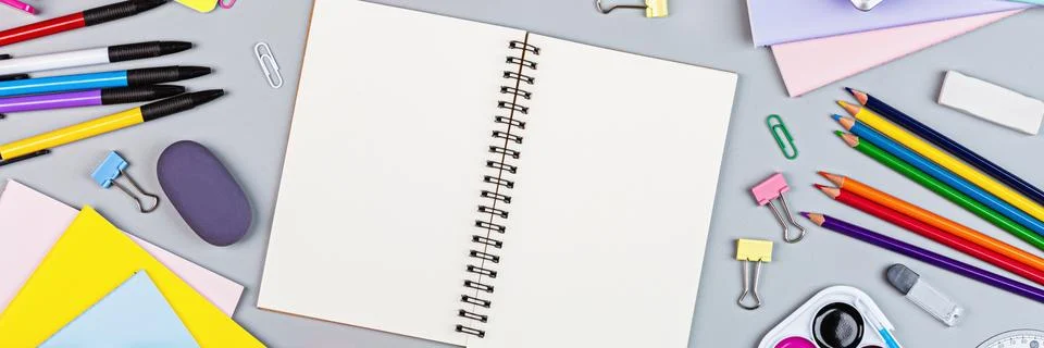 Back to School background with place for text. Collection of school supplies  Stock Photos