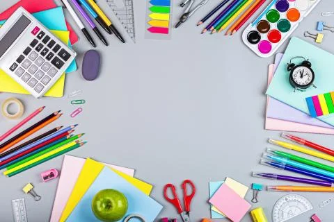 Back to School background with place for text. Collection of school supplies  Stock Photos