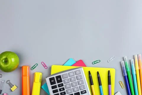 Back to School background with place for text. Collection of school supplies  Stock Photos