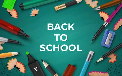 Back to school background. Realistic stationery on chalkboard, pen pencil brush Illustrazione stock