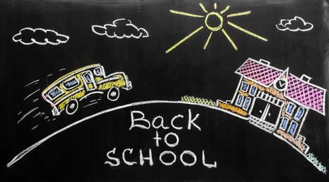 Back to school background with school bus and school are written by colorful Stock Photos