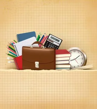 Back to school background with school supplies and old paper vector Stock Illustration