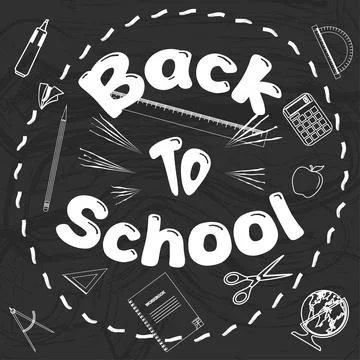 Back to school background with school supplies. Black and white banner with.. Stock Illustration