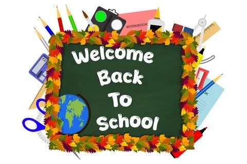 Back to school background with school supplies, chalkboard and bright autumn Illustrazione stock