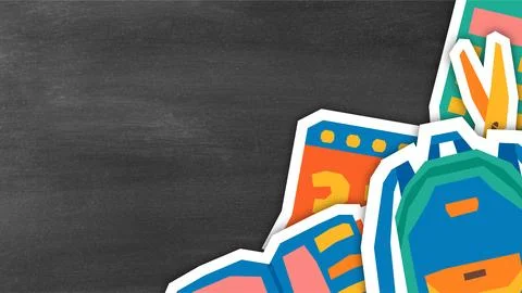 Back to school background with school supplies stickers on black chalkboard. Stock Illustration