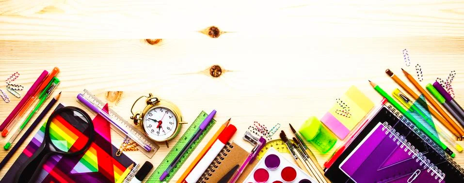 Back to school background with space for text, notebooks, pens, pencils, othe Stock Photos