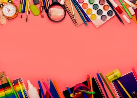 Back to school background with space for text, notebooks, pens, pencils, othe Foto stock