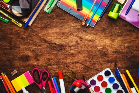 Back to school background with space for text, notebooks, pens, pencils, othe Stock Photos