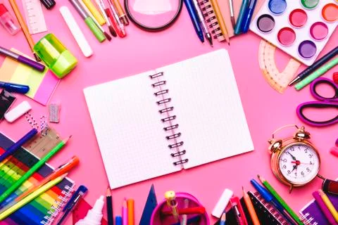 Back to school background with space for text, notebooks, pens, pencils, othe Stock Photos